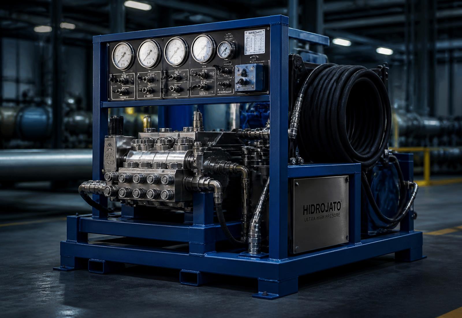 Unidade industrial de hidrojato de alta pressão instalada em planta industrial