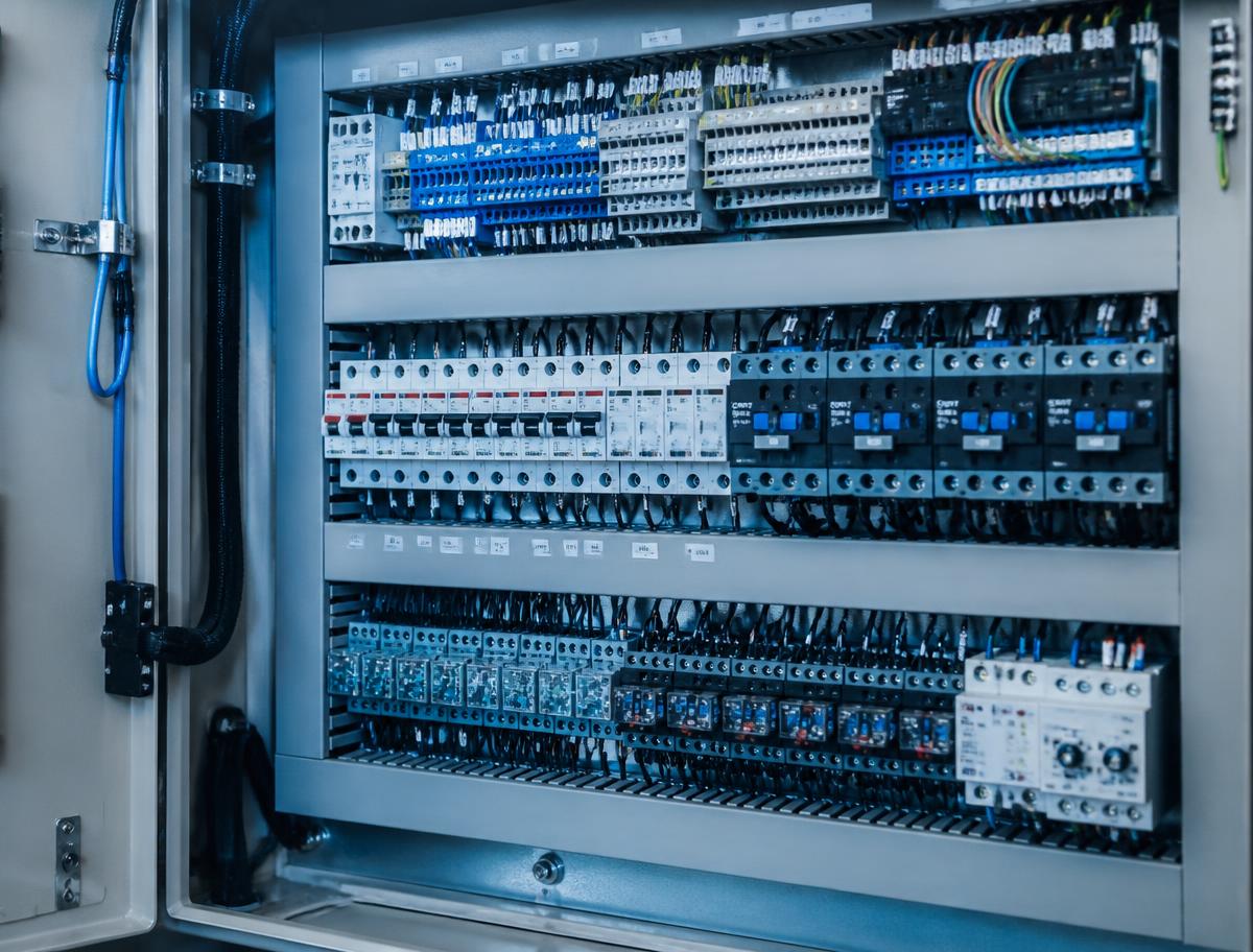 Interior de painel elétrico industrial com cabeamento e componentes organizados